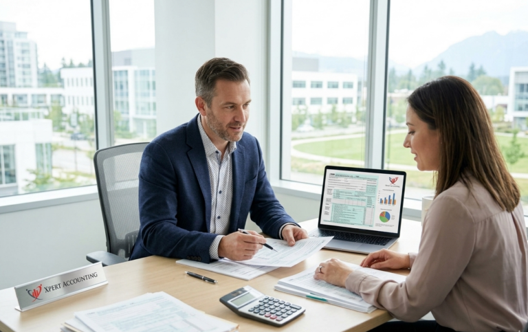 Tax accountant in Burnaby reviewing financial documents with client for tax filing and accounting services.