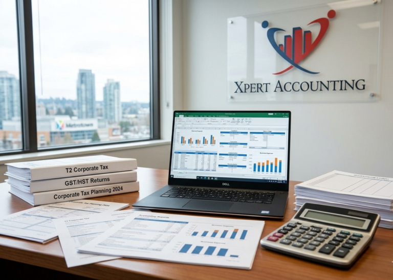 Accountant in Burnaby reviewing corporate tax documents, financial reports, and business expense records.